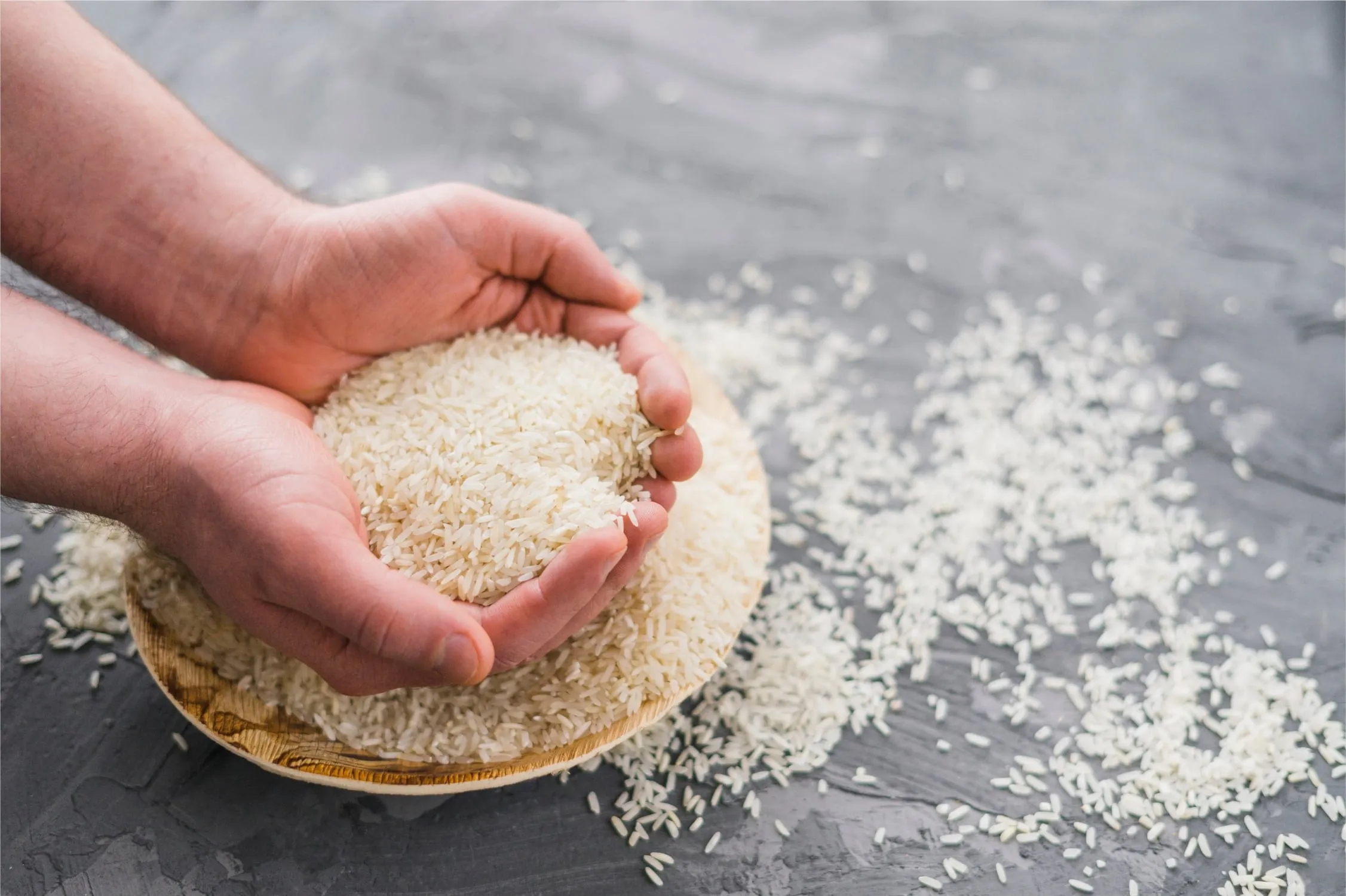 Cupped hands holding raw Sona Masoori rice
