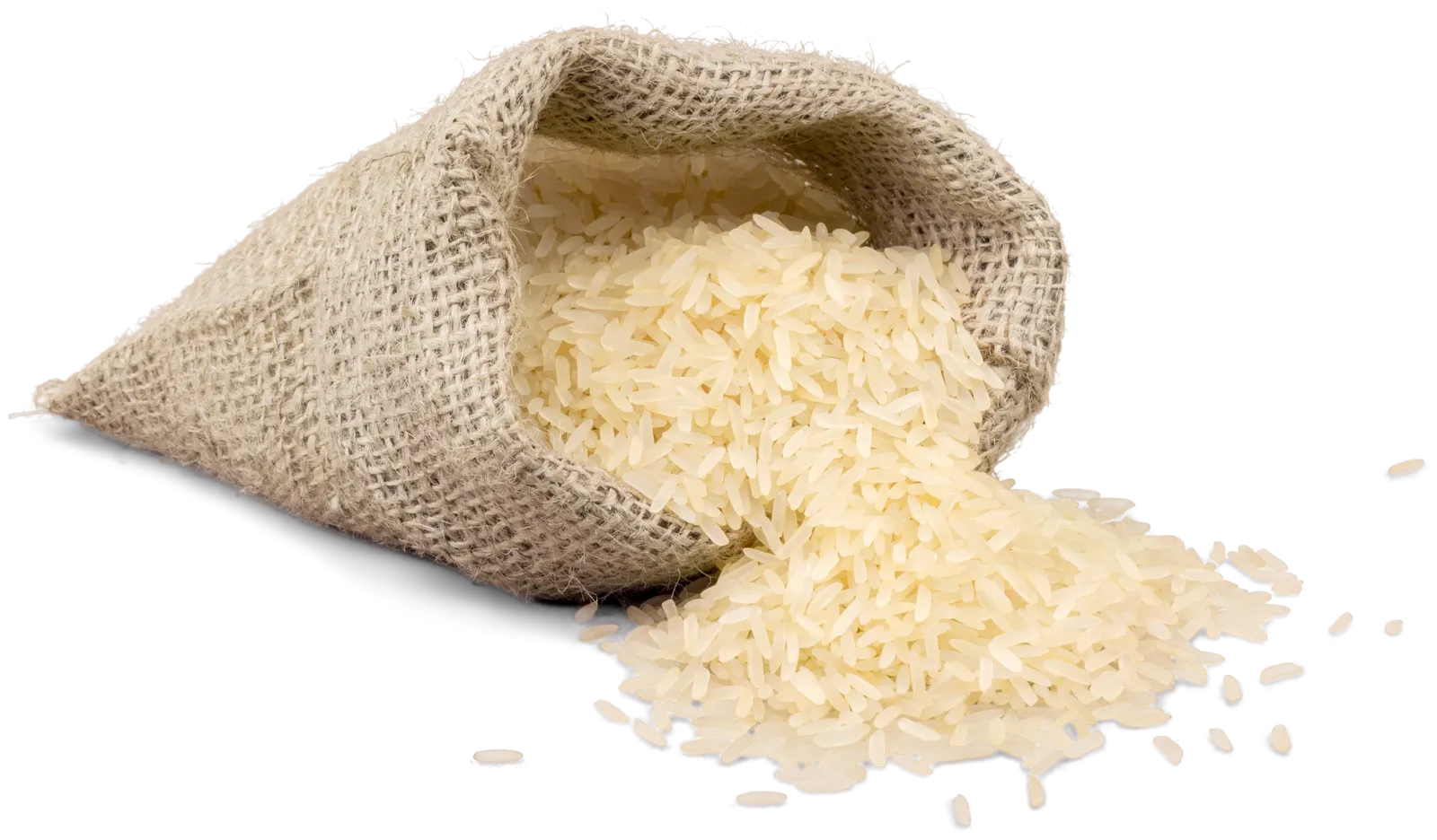 An open jute sack spilling raw rice